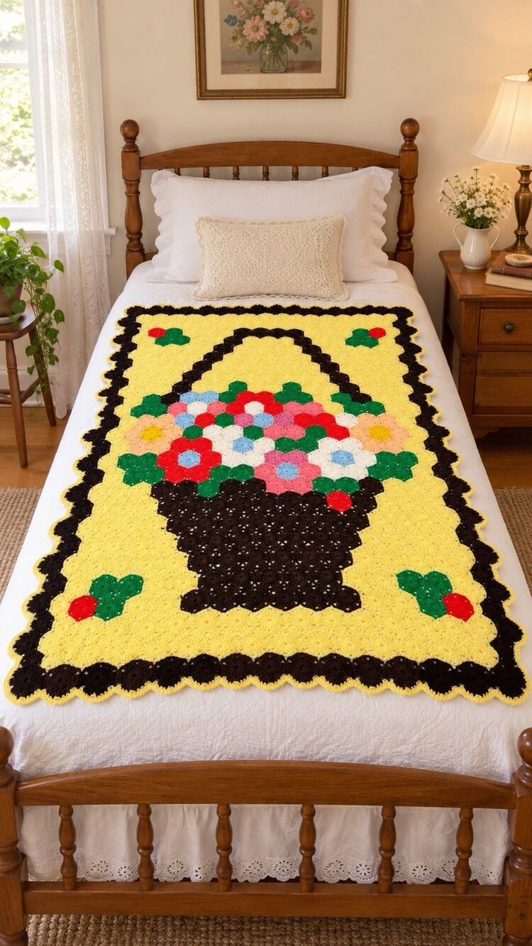 VTG Handmade Crochet Basket Of Flowers Afghan Or Throw Grannycore 67 X 23”